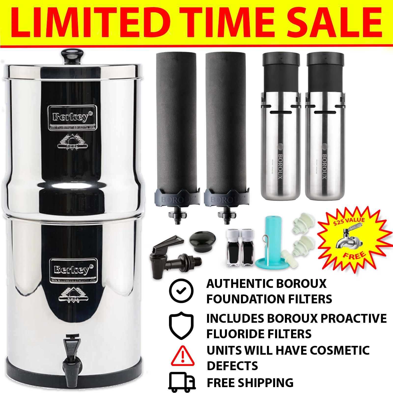 BLEMISHED Berkey Water Filter w/ Boroux Black & Boroux Fluoride Filters gallery