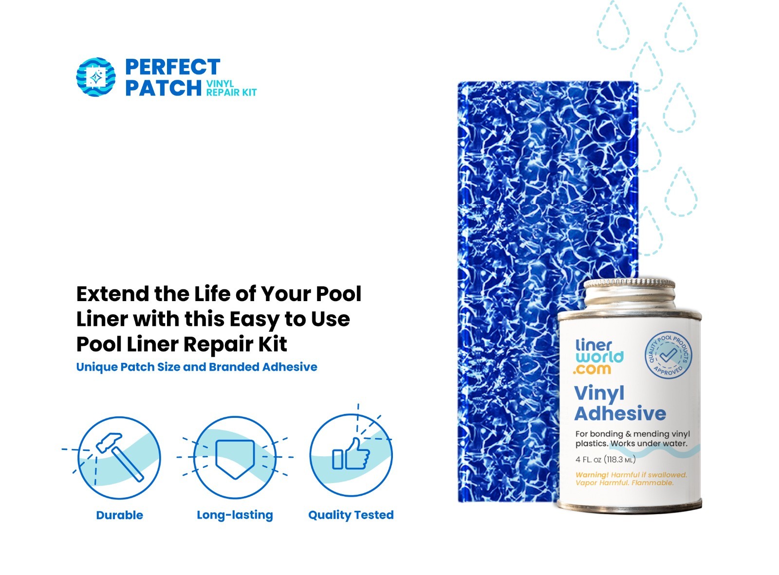 Pool Liner Patch & Repair Kit - 2'x2' Vinyl Patch + 4oz Glue - 3 Patterns! gallery