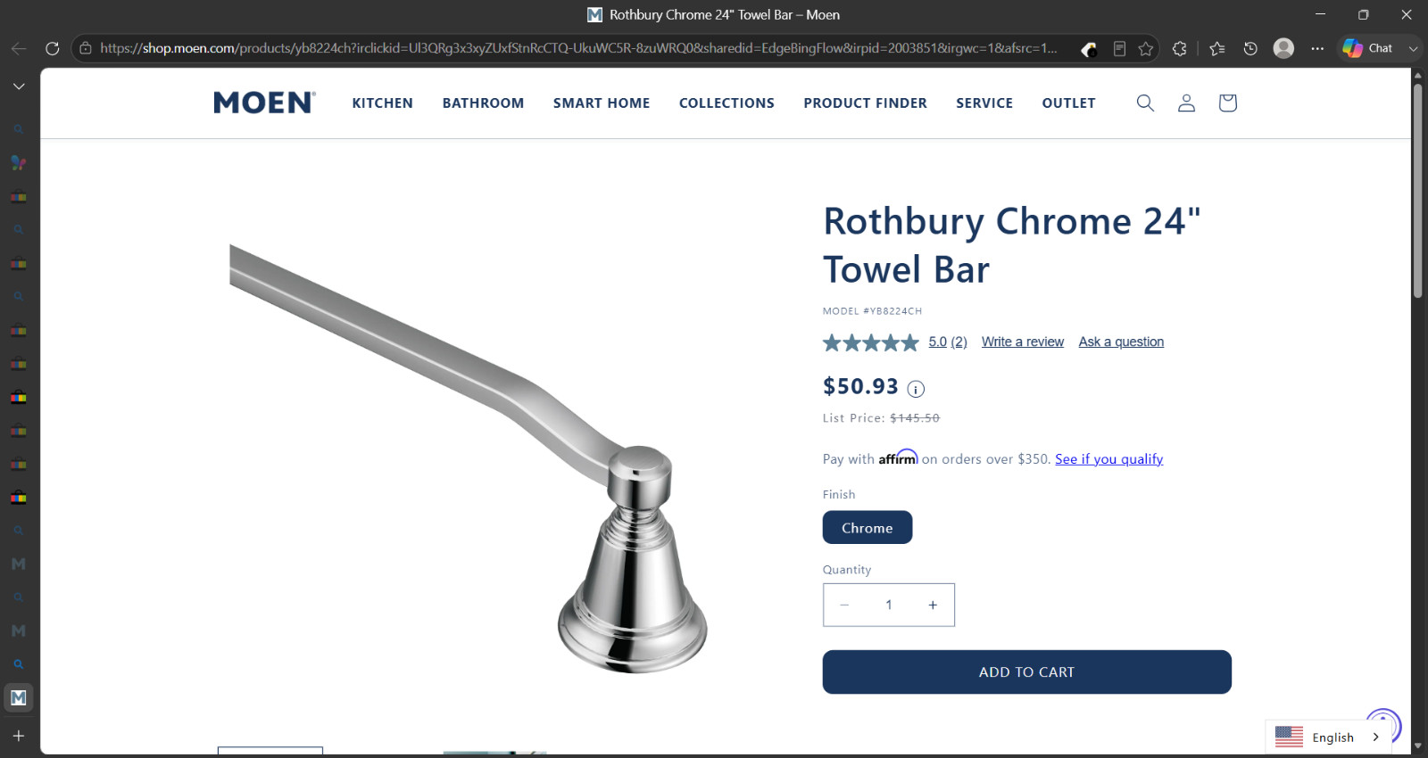 Moen 24 Inch Towel Bar YB8224CH Rothbury - Chrome 24 INCH gallery