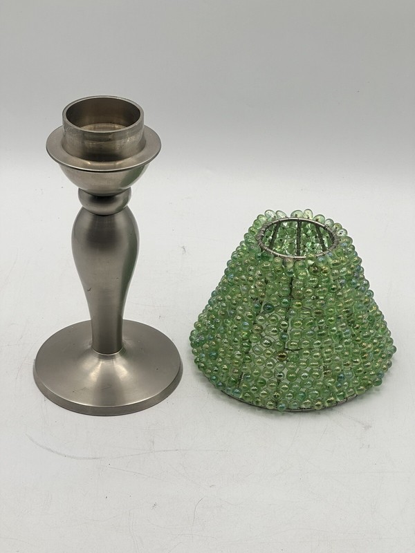Tealight Lamp Silver Tone Candlestick With Green Glass Beaded Shade 10” OA gallery