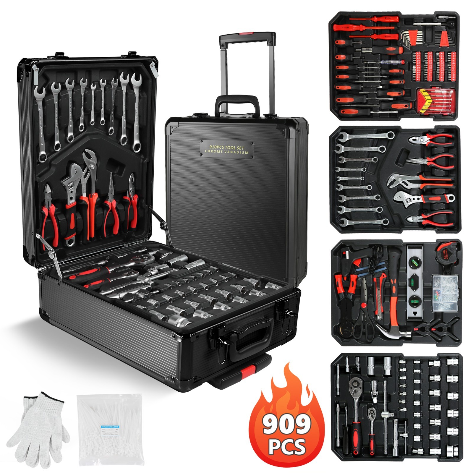 Tool Set Mechanics 909 PCS Tool Kit Wrenches Socket Repair Tool Case w/wheels gallery