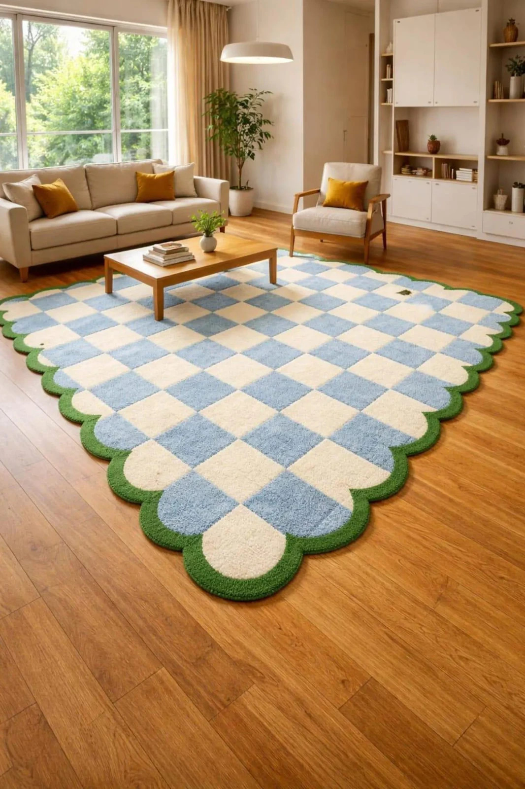 Hand Tufted Wool Area Rug Checkerboard Blue Cream Green Scalloped Border Carpet gallery