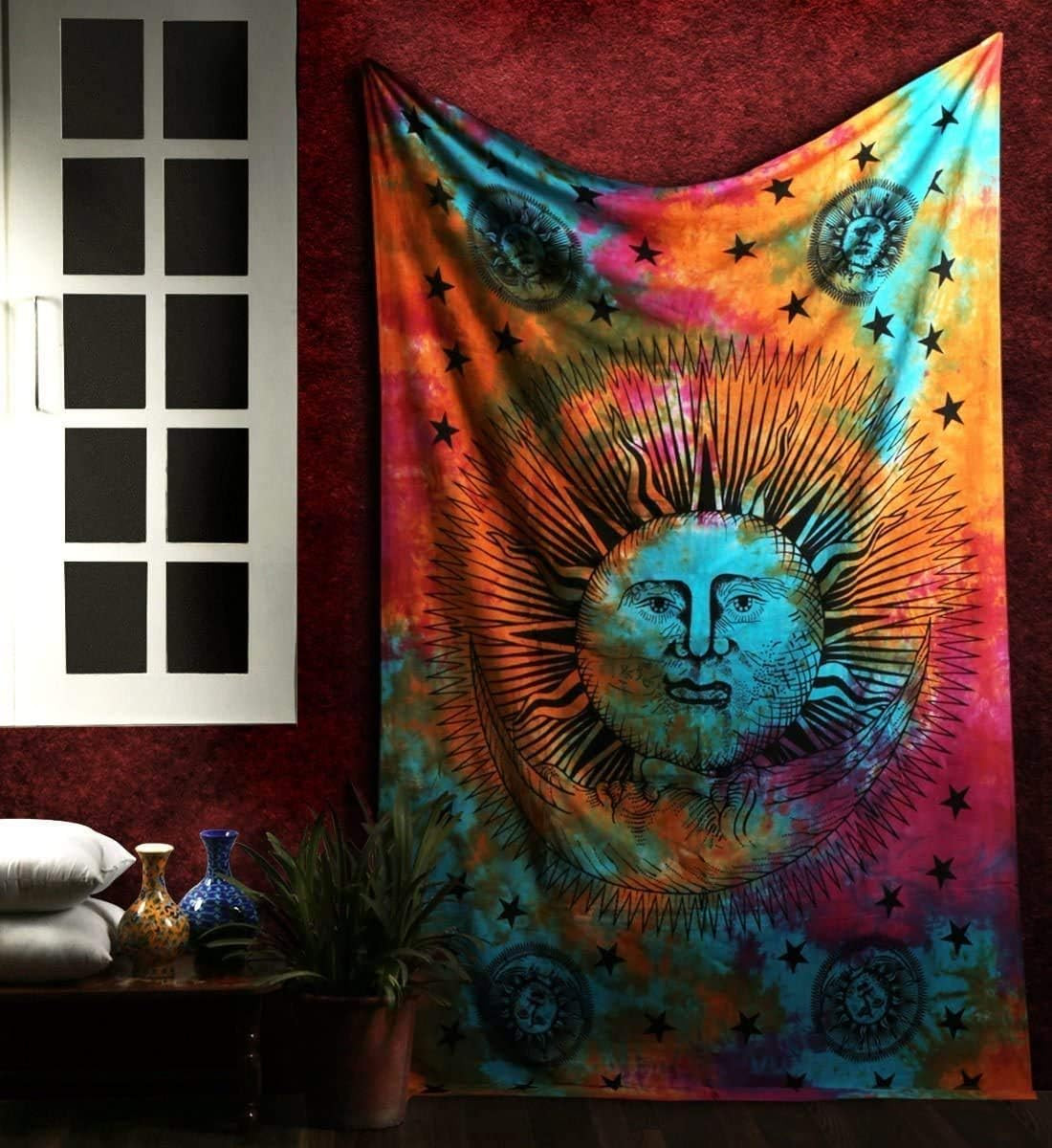 Psychedelic Sun Moon Stars Tie Dye Mandala Tapestry Hippie Hippy Celestial Wall gallery