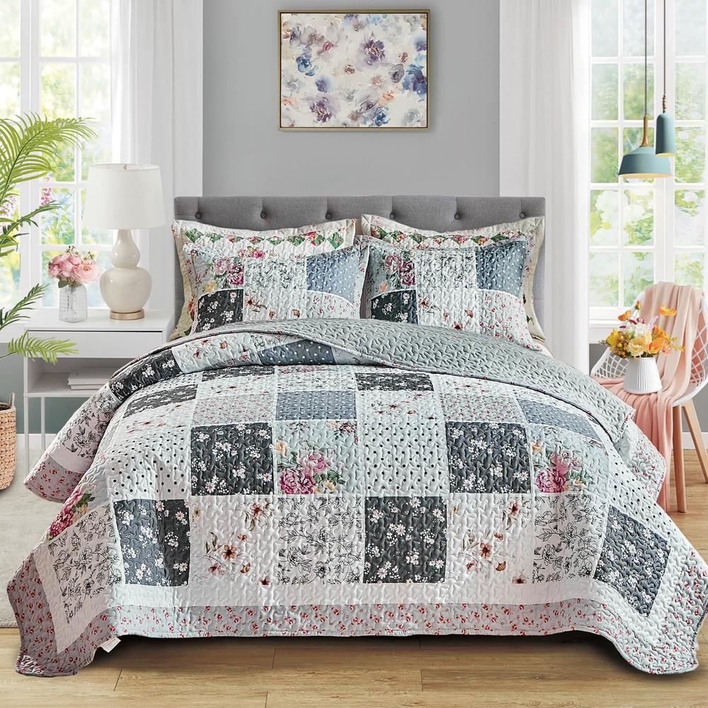 Patchwork Quilt Set California King Size,3 Pieces Gray White Pink Floral Plai...
