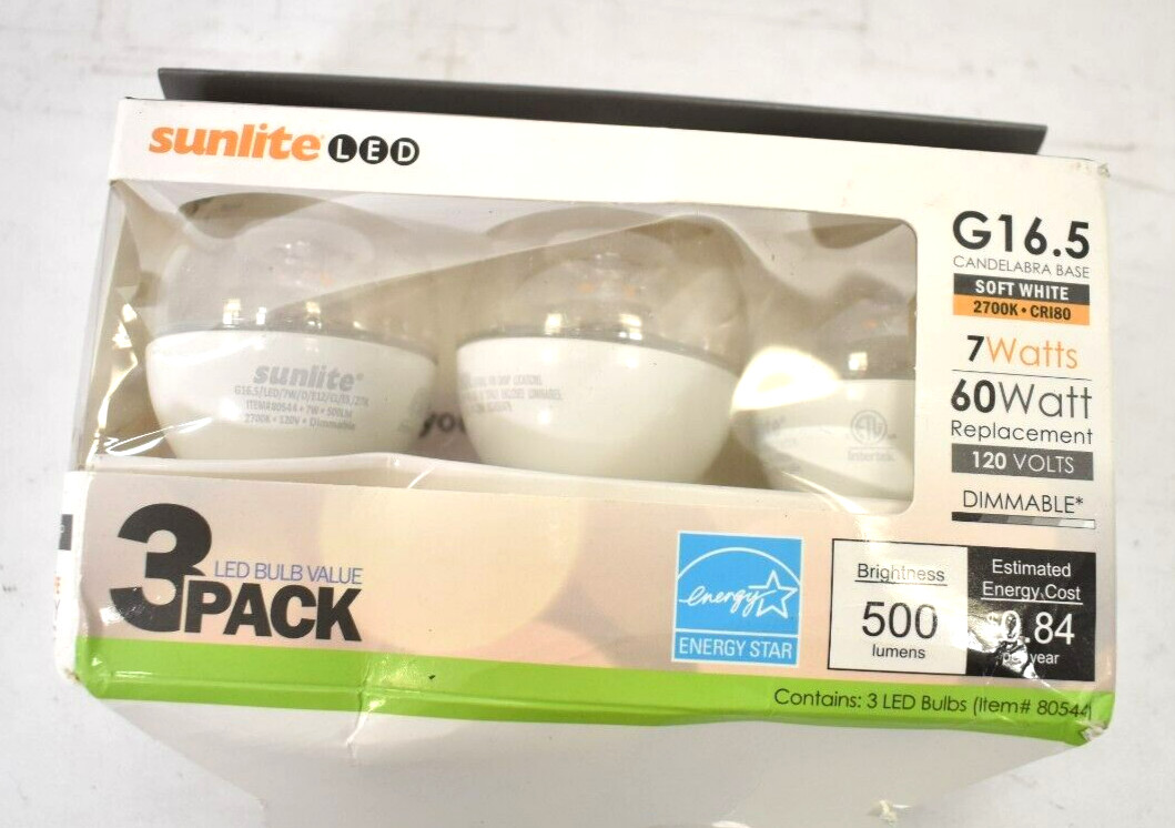 Sunlite LED G16 Globe Light Bulb 7W Dimmable Candelabra E12 Vanity Clear 3 Pack gallery