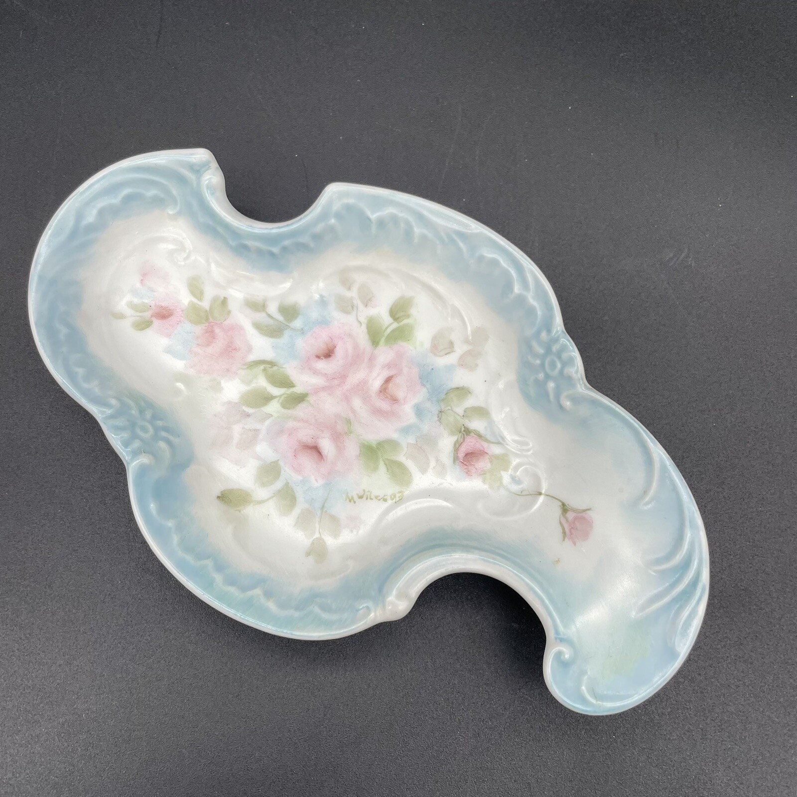 Vanity Serving Tray Plate Hand Painted Rose Floral Signed M. Wiles gallery