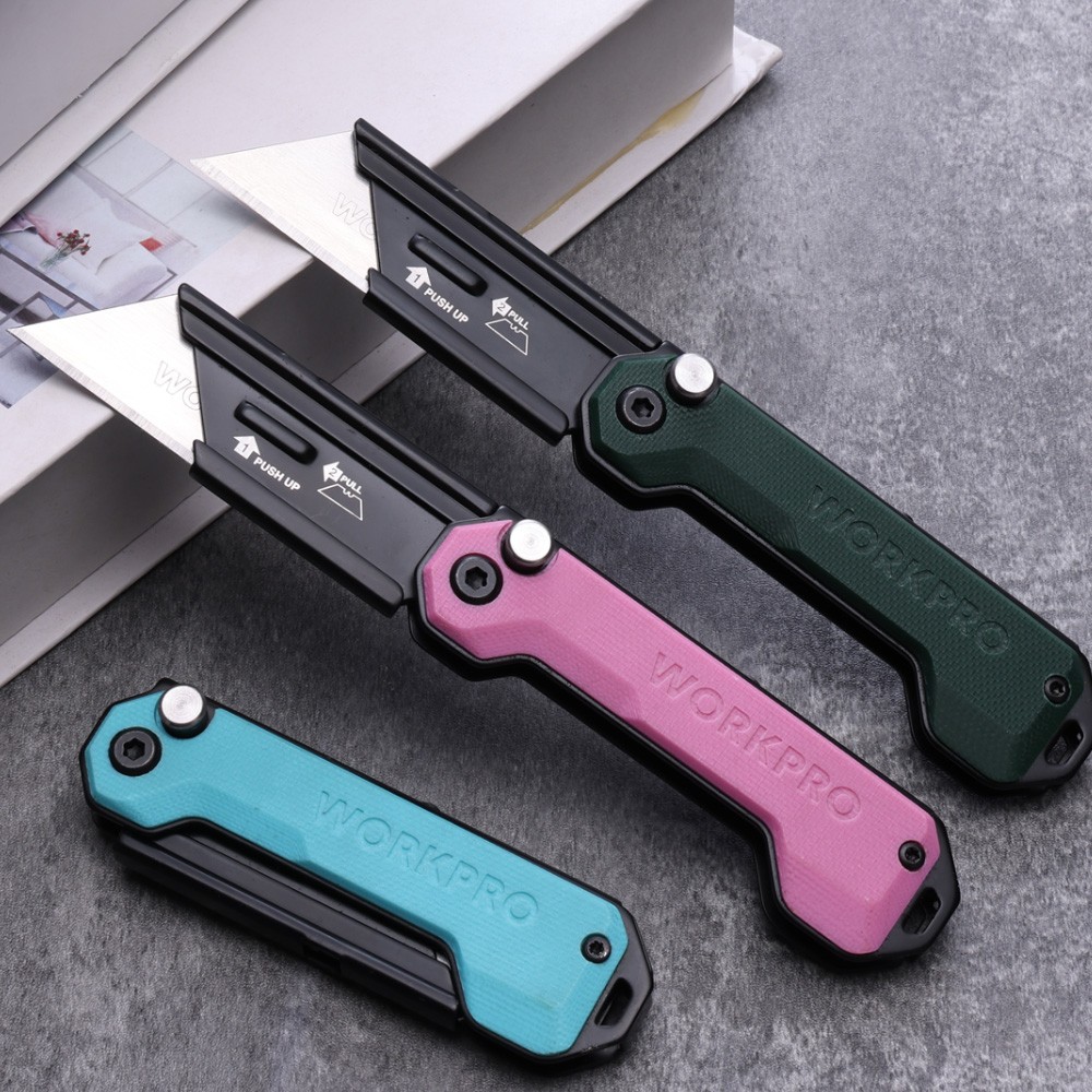 WORKPRO 3PCS Folding Utility Knife Quick Change Blade Box Cutter G10 Handle Axis gallery