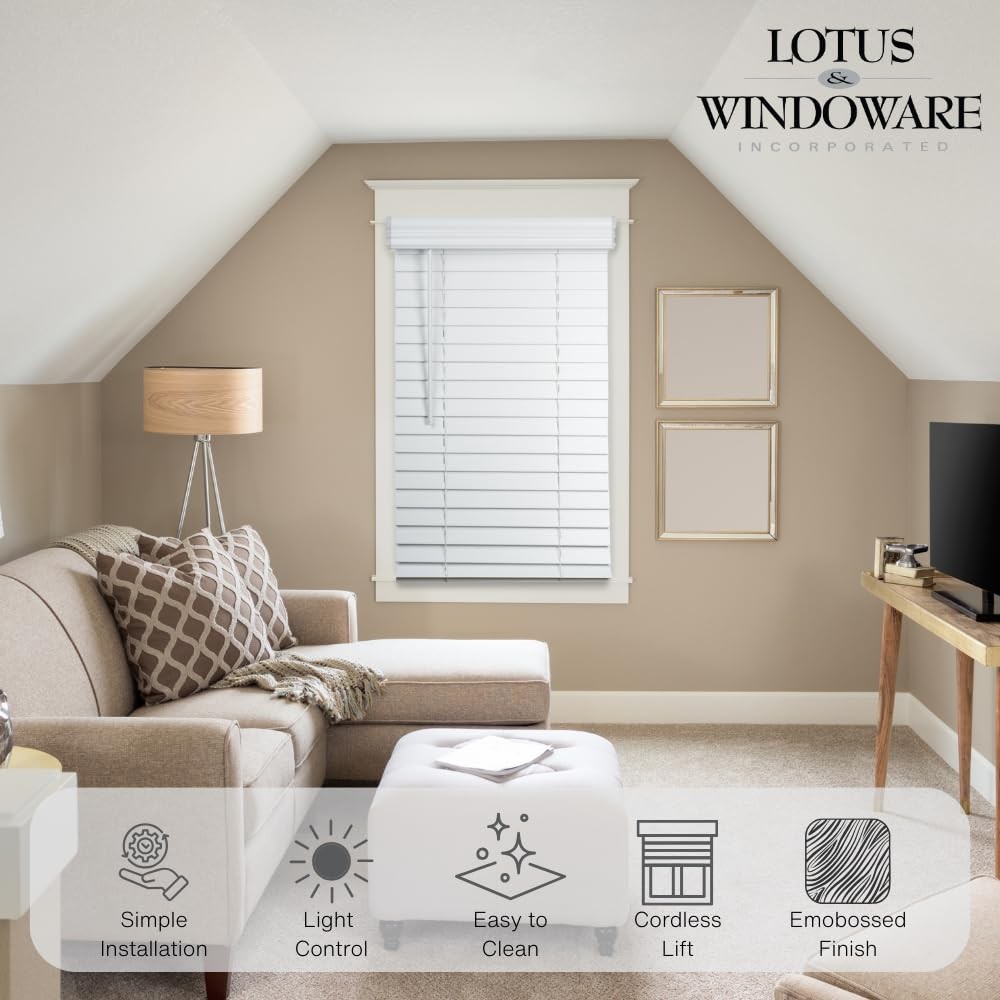 Lotus & Windoware Cordless, 2 Inch Faux Wood Blind, 35"W x 72"H, Bright White gallery