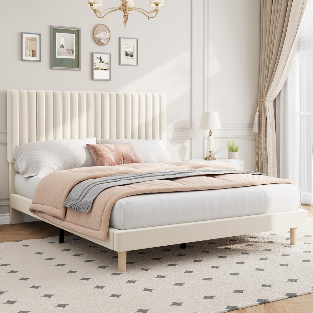Queen Size Upholstered Platform Bed Frame with Headboard & Wooden Slats Support