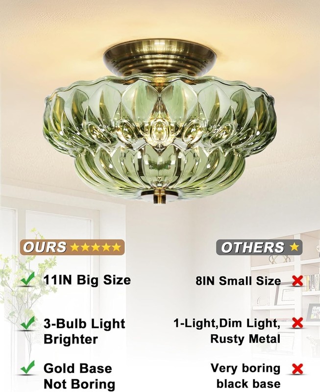 11" Semi Flush Mount Ceiling Light Vintage Gold 3-Light Green Glass Fixture gallery