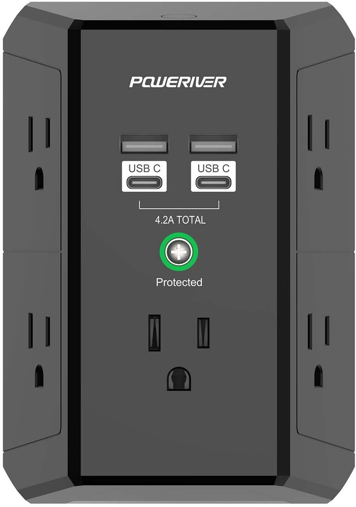Multi Plug Surge Protector with 5 Outlets & 4 USB Ports (USB‑C) – 1680J, ETL Cer