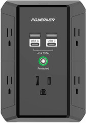 Multi Plug Surge Protector with 5 Outlets & 4 USB Ports (USB‑C) – 1680J, ETL Cer
