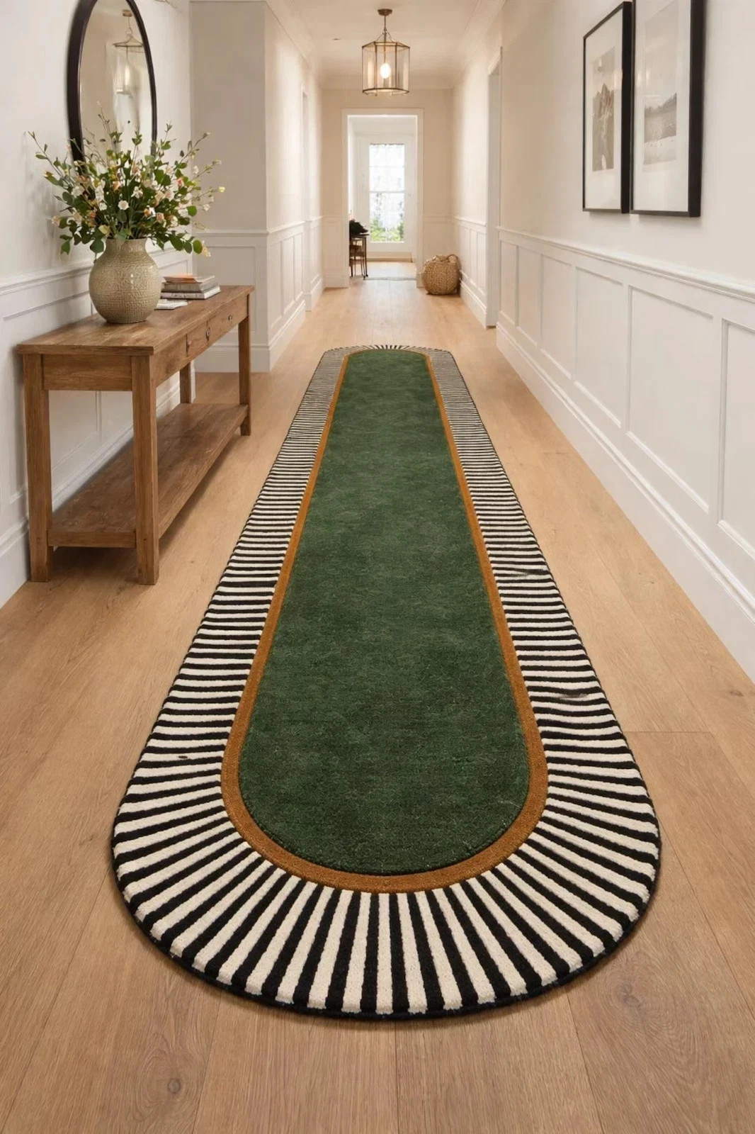 Hand-Tufted Modern Runner Carpet with Green Center & Striped Border gallery