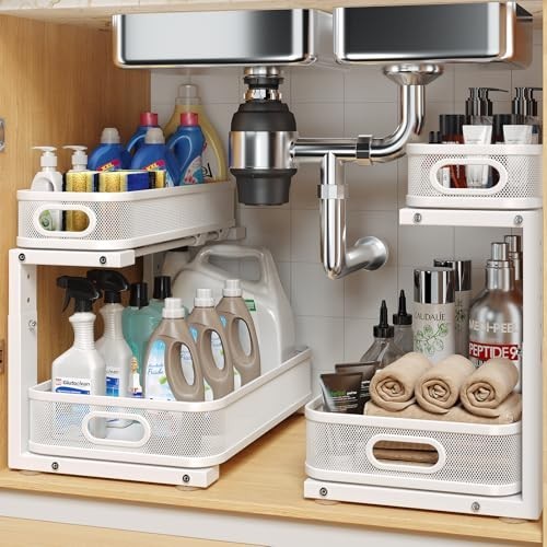 2 Pack Under Sink 2-Tier Pull Out Cabinet Organizer, Height Adjustable, White gallery
