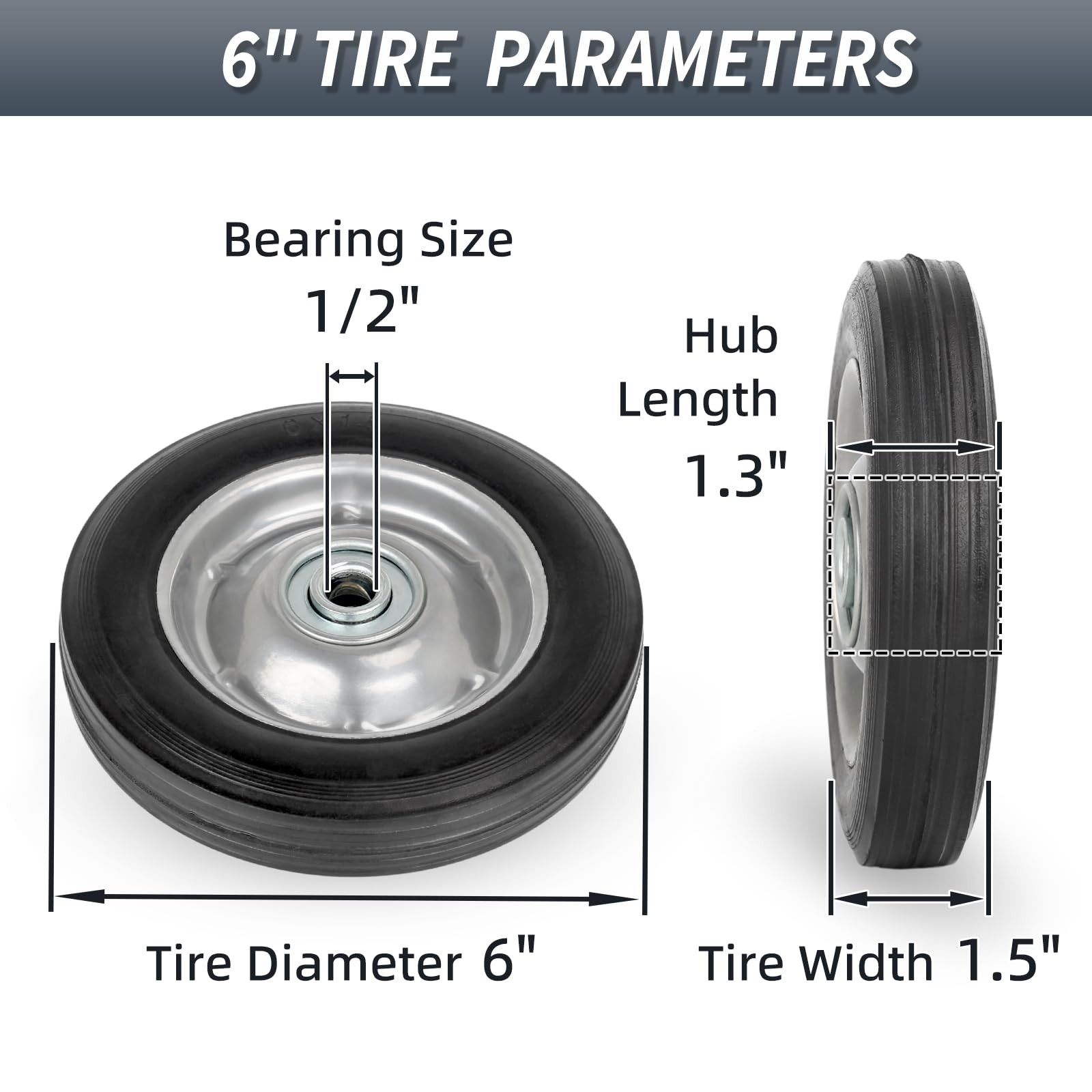 6" Flat Free Solid Rubber Tires with Ball Bearings 2 Pack, 1/2" Axle Bore gallery