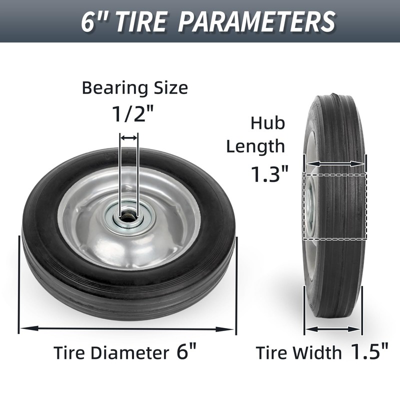 6" Flat Free Solid Rubber Tires with Ball Bearings 2 Pack, 1/2" Axle Bore gallery
