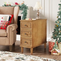 Solid Wood End Table, Fully Assembled Narrow Slim Side Table with 3 Drawers