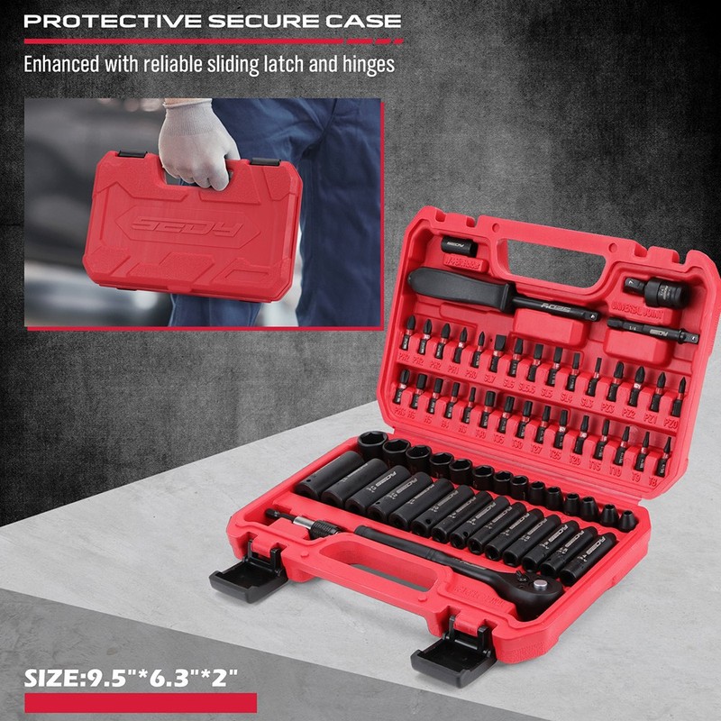 64PC 1/4" Drive Impact Socket Wrench Bits Set Metric SAE Deep Shallow Ratchet S2 gallery