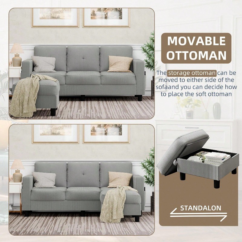 Convertible Sectional Sofa with Storage Ottoman 77” L-Shaped 3-Seat Couch gallery