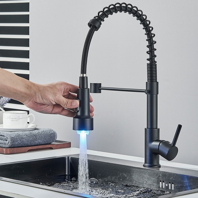 LED Light Kitchen Faucet with Pull Down Sprayer 1 Hole Swivel Sink Faucet Black gallery