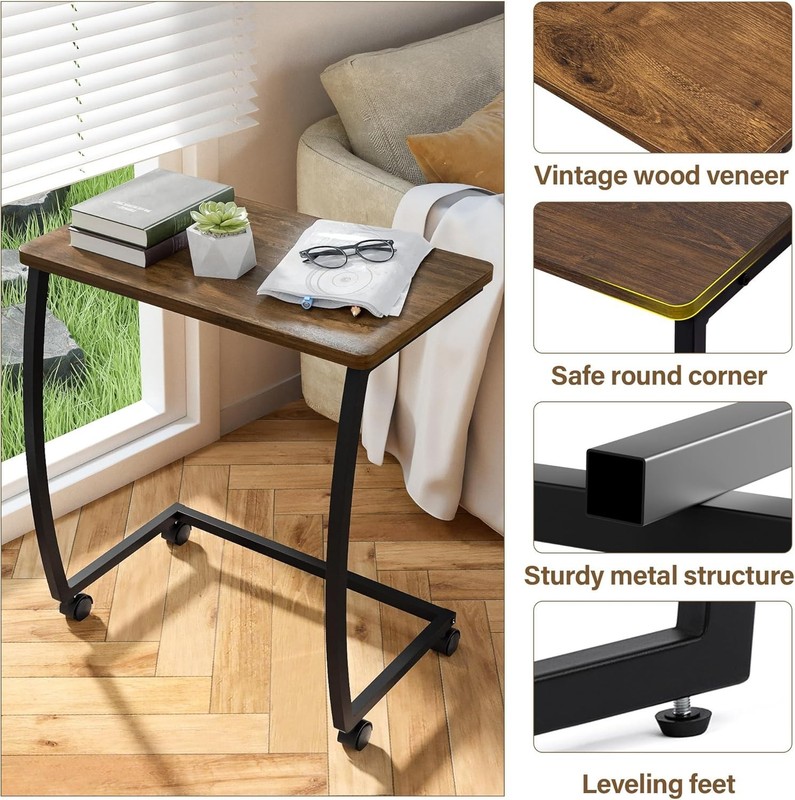 Stylish C-Shaped Rolling End Table in Rustic Dark Walnut for Modern Spaces gallery