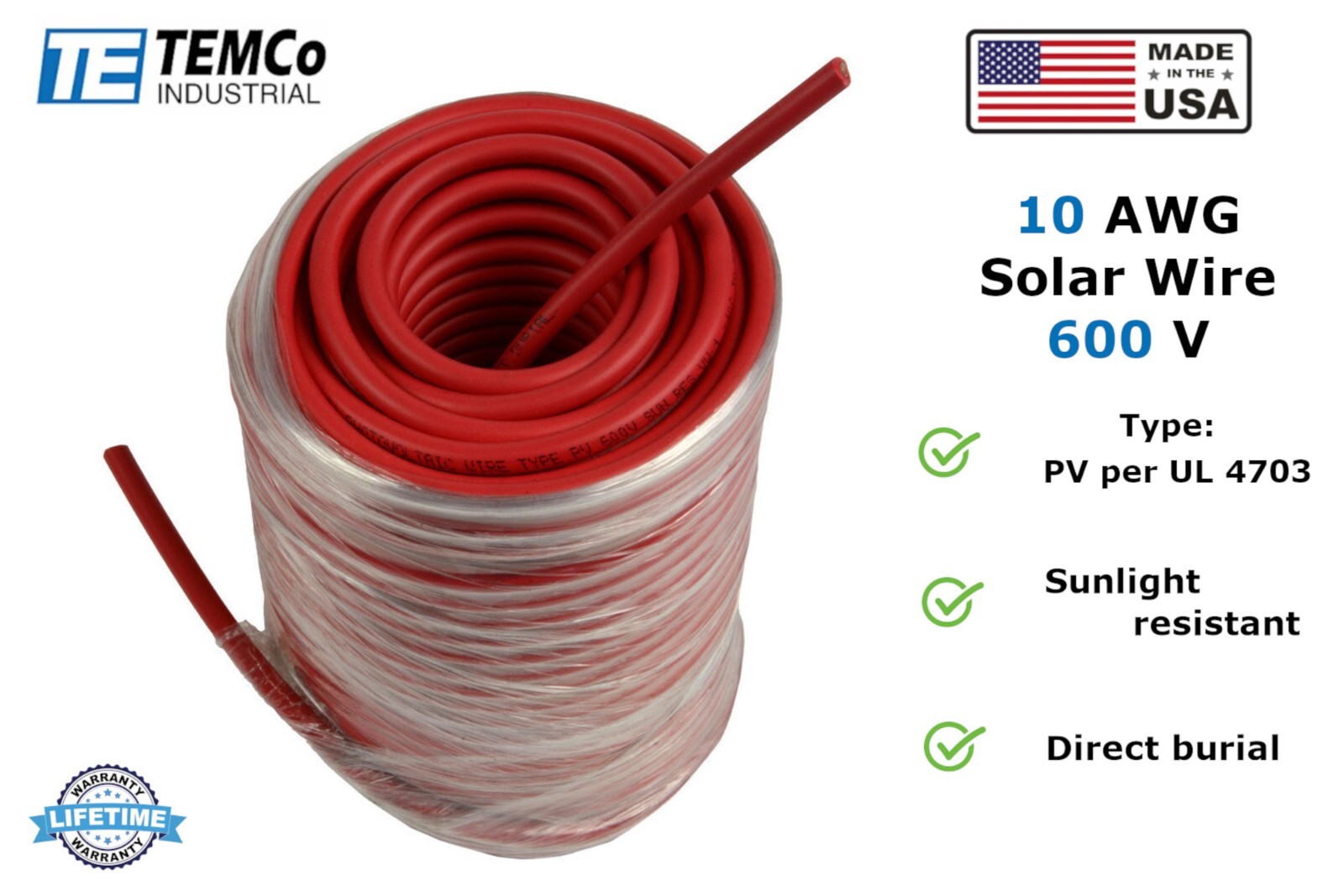 10 AWG Solar Panel Wire 100' Power Cable UL 4703 Copper MADE IN USA PV Gauge Red gallery