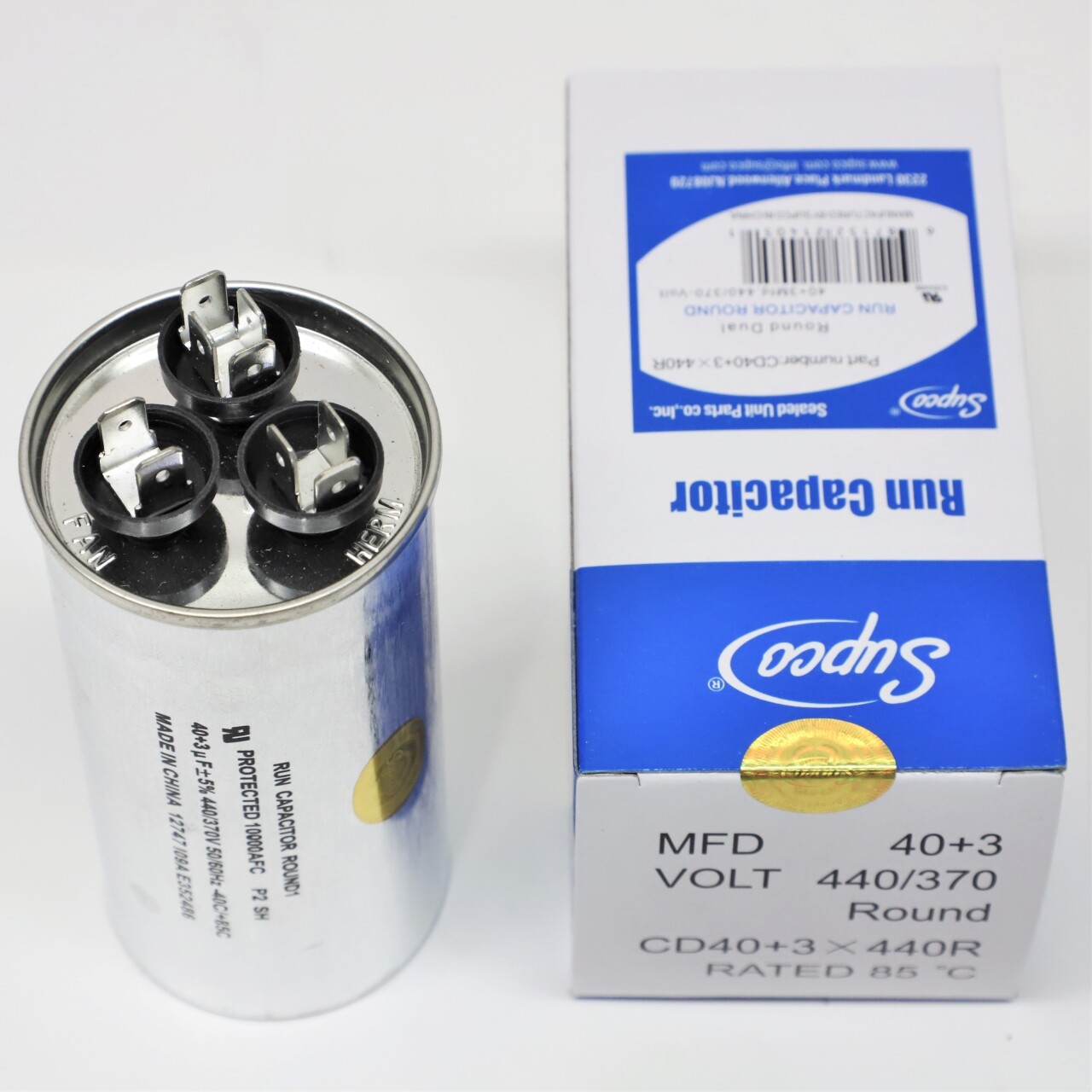 Supco CD40+3X440R HVAC Motor Round Dual Run Capacitor 40 + 3 MFD 440 Volts gallery