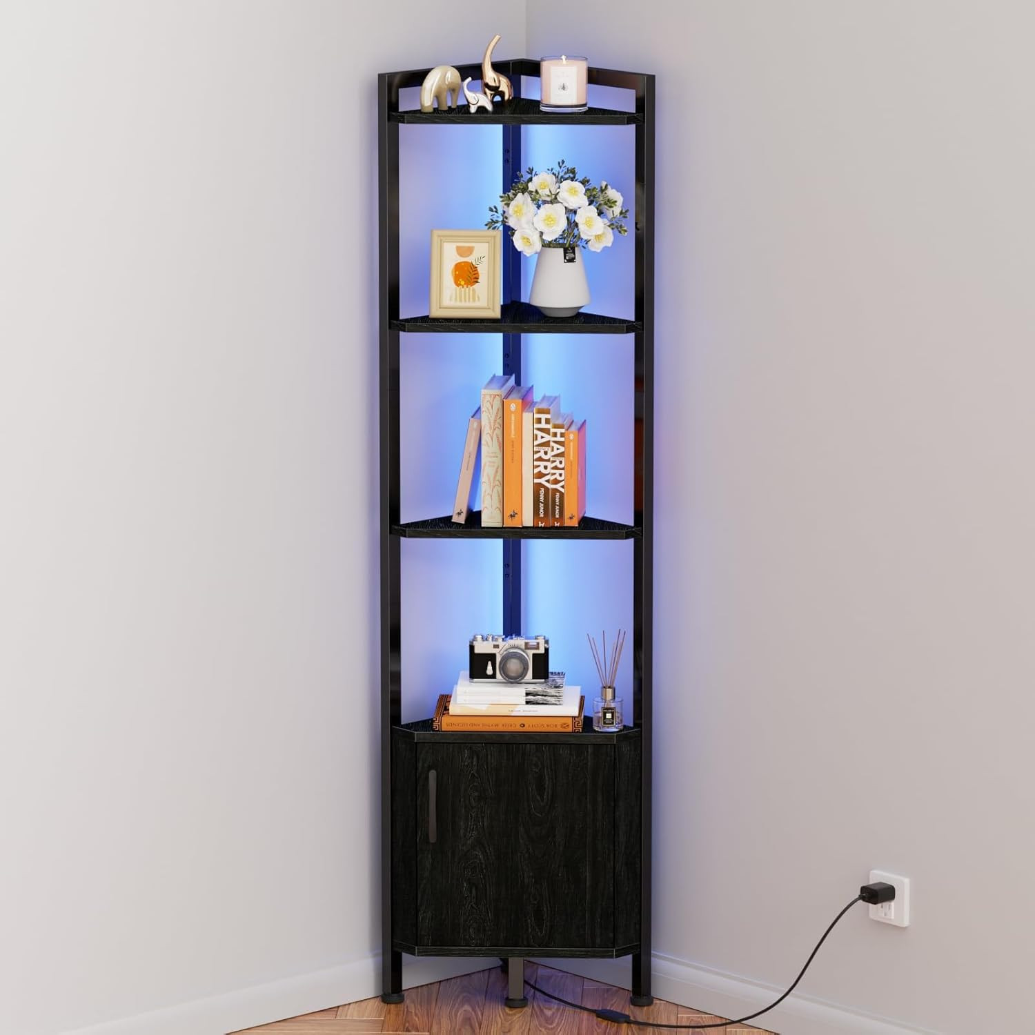 Corner Shelf,5-Tier Corner Cabinet with Storage and LED Light, 62.8” Standing Di gallery