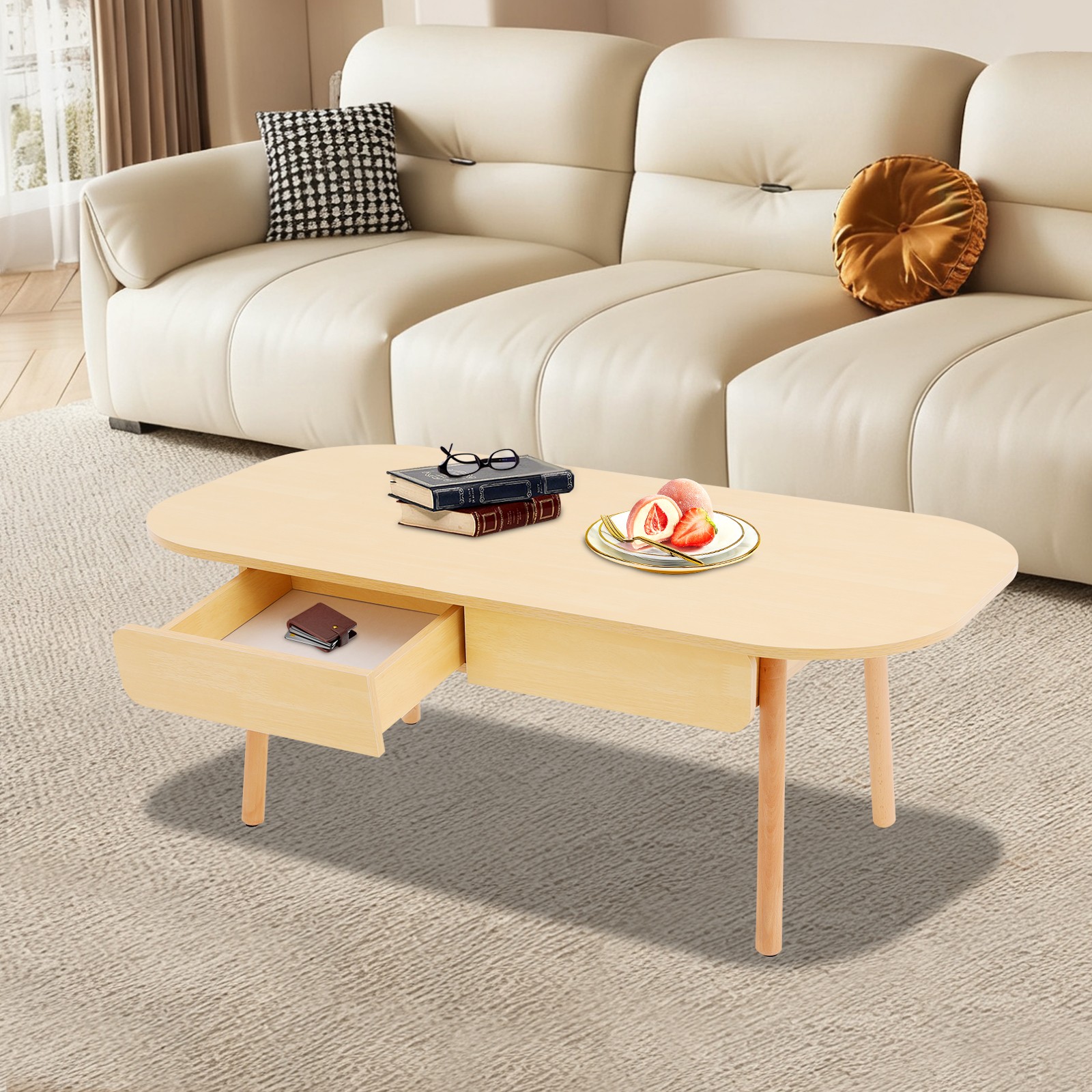 Modern Solid Wood Coffee Table With Storage With Double Drawers For Living Room gallery