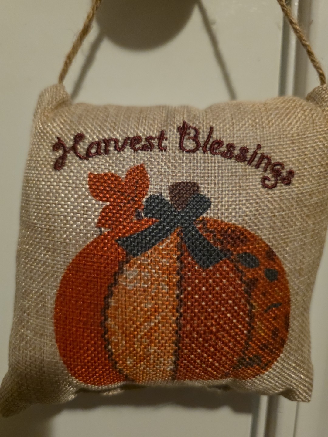 Harvest Blessings Embroidered Stitched Wording on Burlap Pillow Hanging Decor gallery