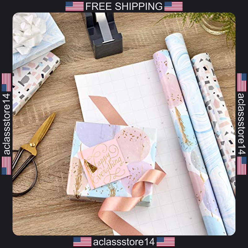 Hallmark wrapping paper bundle 3-pack blush pink gray blue gold high gloss gallery