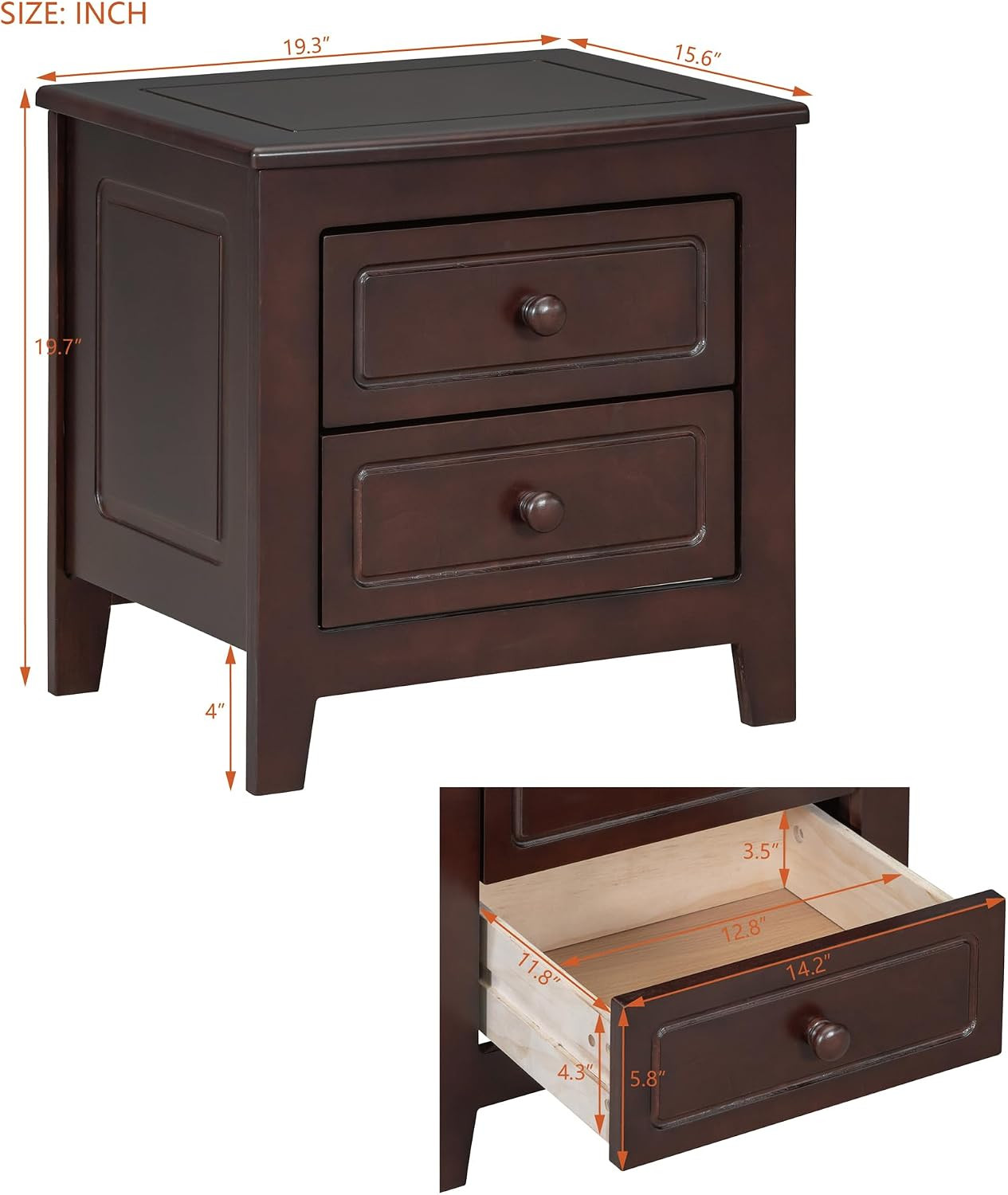 Rustic Dark Walnut Nightstand with Storage Drawers - Modern Bedside Table gallery