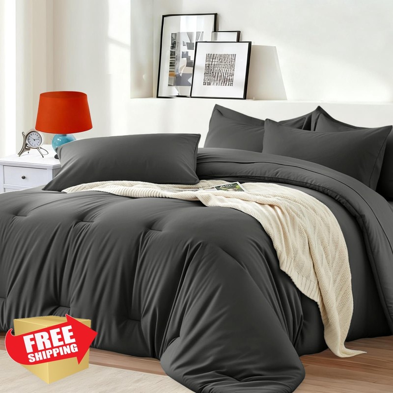 Easthome Queen Comforter Set 7 Piece Dark Gray, Bed in a Bag Bedding Set gallery