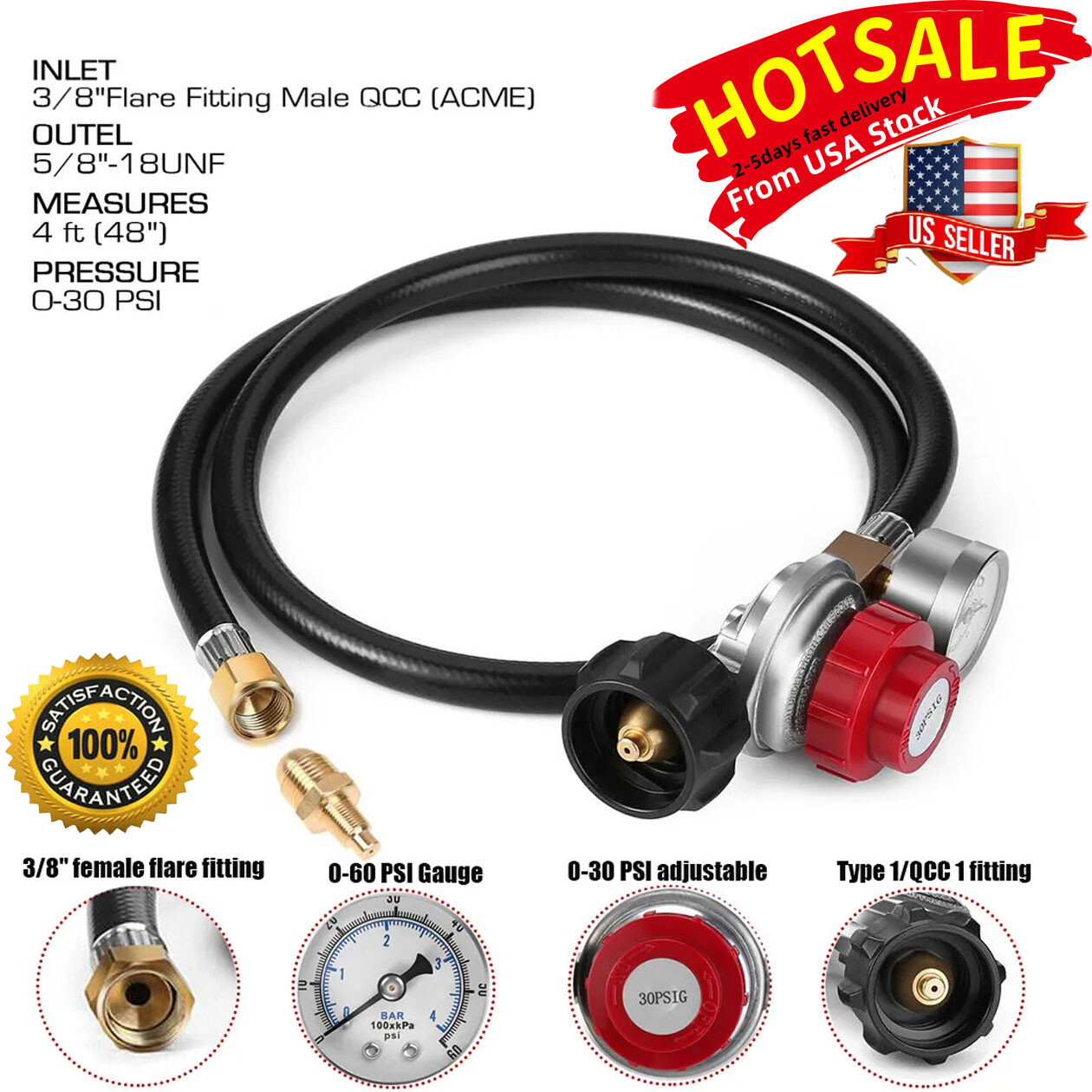 4ft High Pressure 0-30PSI Adjustable Propane Gas Regulator w/ Hose and PSI Gauge gallery