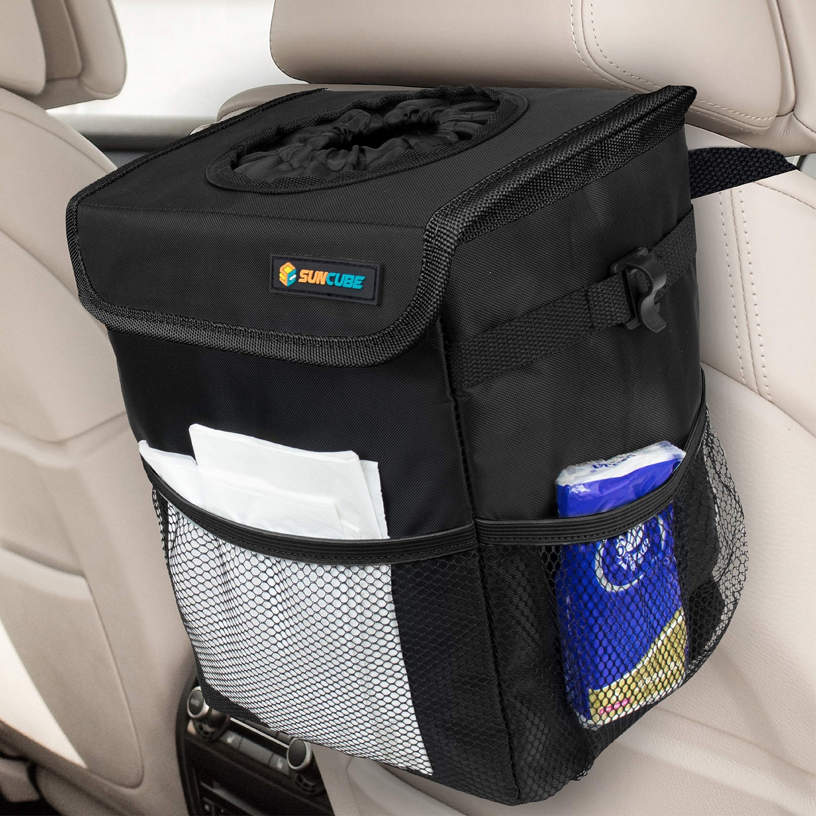 SUN CUBE Waterproof Car Trash Can with Lid, Mesh Pockets | One Size, Black gallery