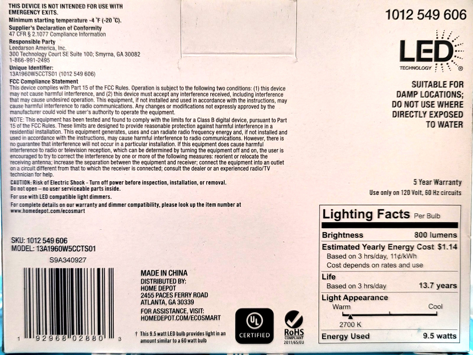 EcoSmart 60-Watt Equivalent A19 Dimmable LED Light Bulb LOT OF 4 6-Pack gallery