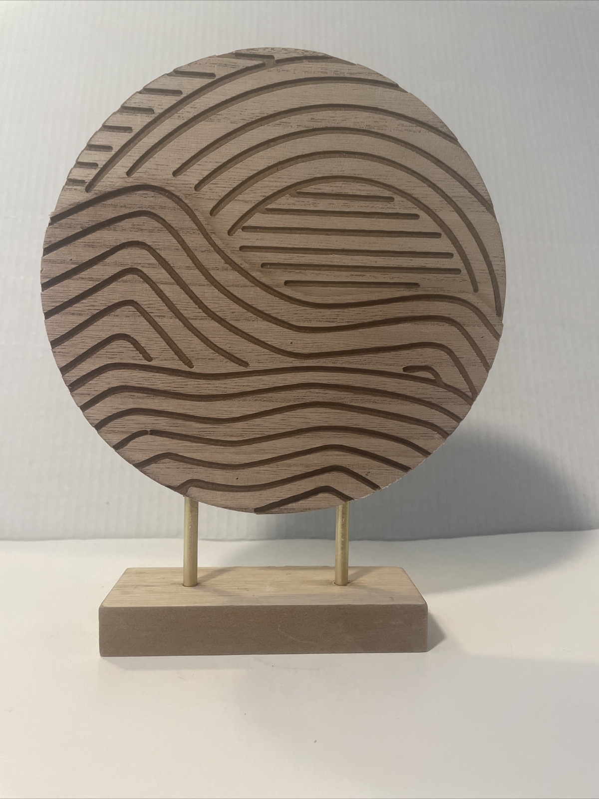Wood Geometric Decorative Sculpture Circle Home Decor Statue w/ Stand 8”x9” New gallery
