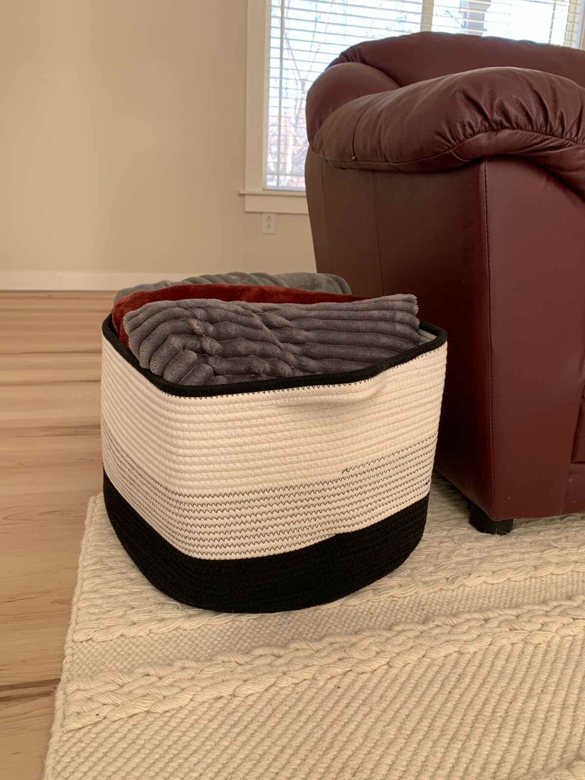 Large black & white cotton rope basket, blanket basket, storage basket, laundry gallery