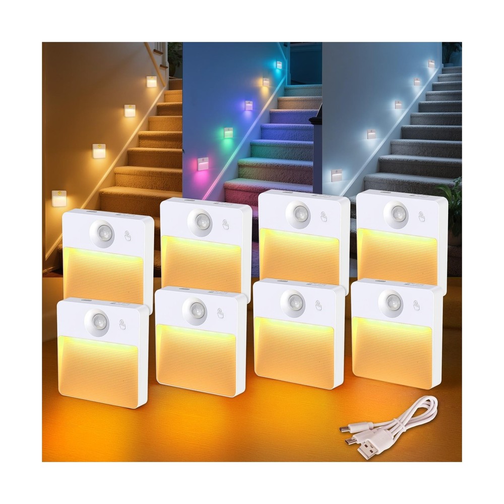 8 Pack Rechargeable Motion Sensor Stair Light for Indoor, RGBW Batt... Fast Ship