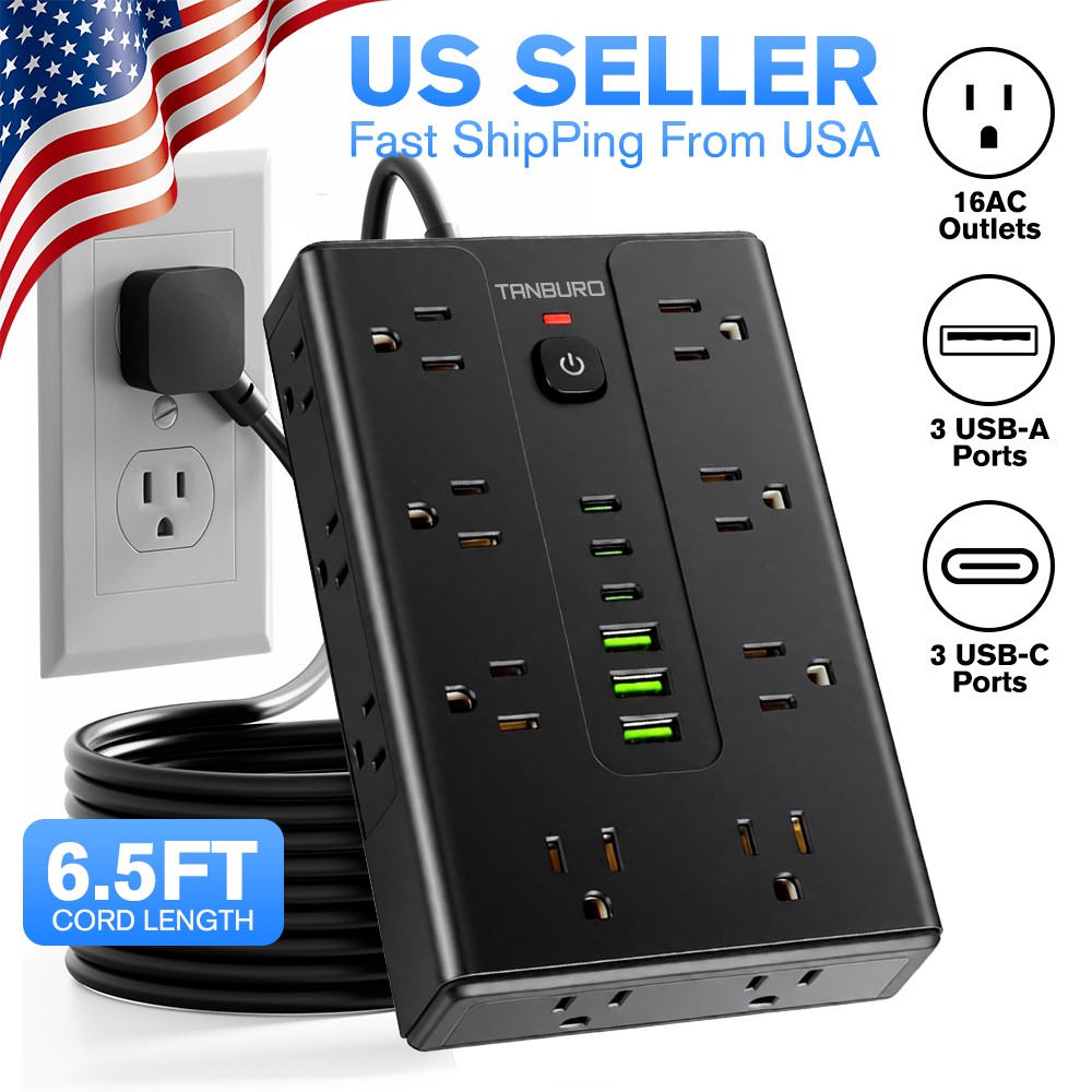 Flat Plug Power Strip with 16 Outlet Extension Cord USB Port Surge Protector gallery