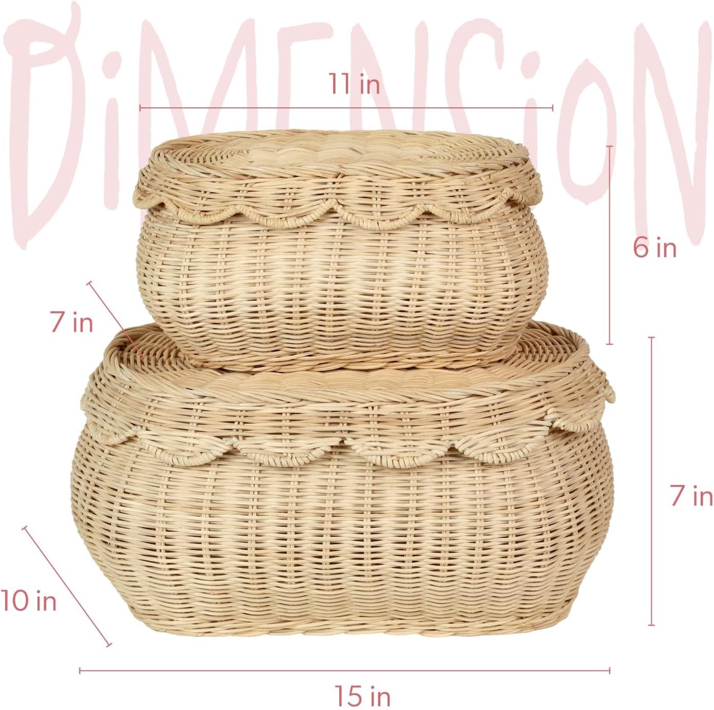 2PCS Rattan Wicker Baskets w/ Lid – Small Handwoven Scalloped Storage gallery