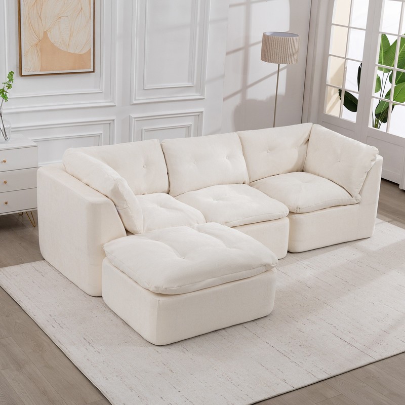 Modern Cloud L-Shaped Sectional Sofa with Ottoman, Chenille Fabric, Beige gallery