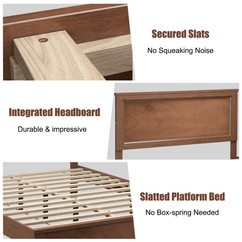 Queen Size Bed Frame Platform Slat High Headboard Bedroom Rubber Wood Leg Walnut gallery