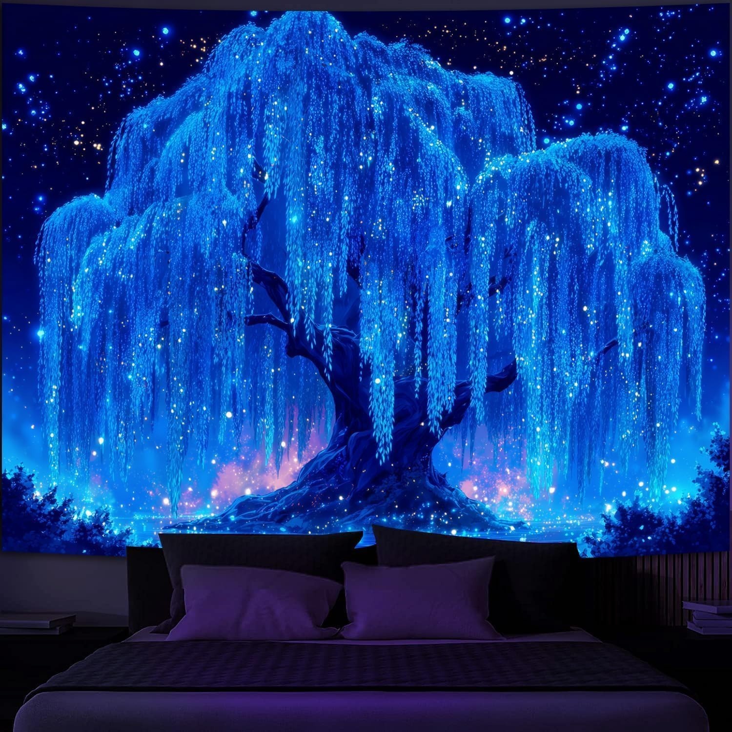 Blacklight Starry Night Tree Tapestry, UV Reactive Neon Willow Tree of Life Wall gallery