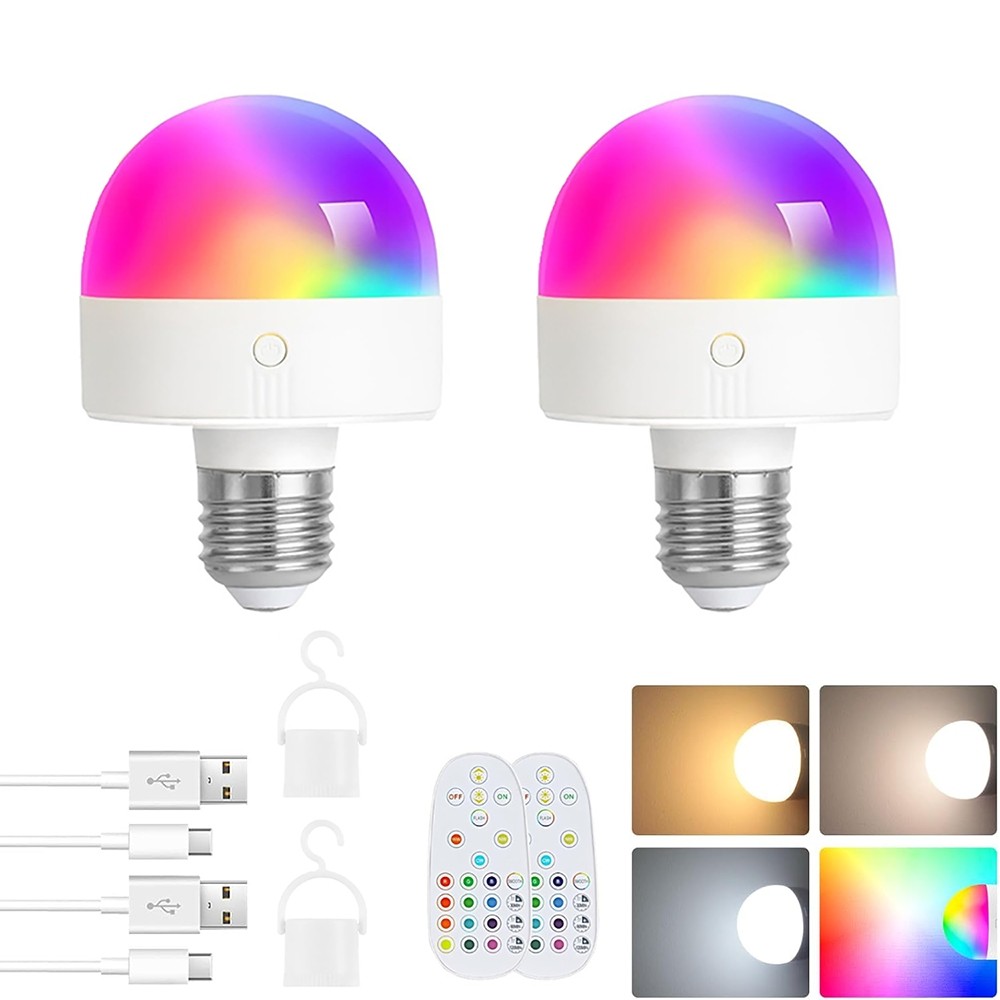 2Pcs E27 Rechargeable RGB Light Bulbs w/Remote Control and 3 Color Temperatures gallery