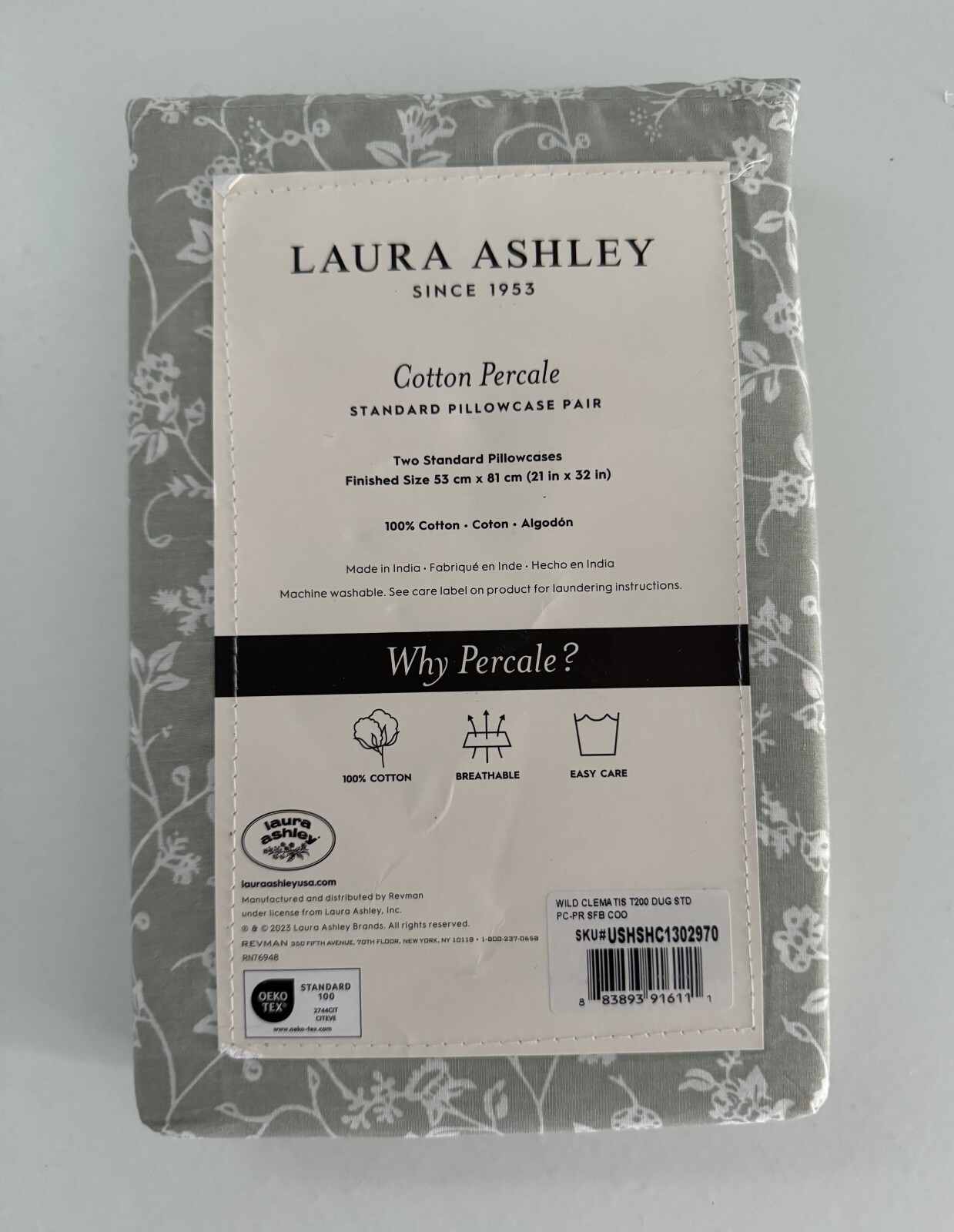 NIP Laura Ashley Standard Queen Pillowcases 2 Pc 100% Cotton Percale Grey Gray gallery