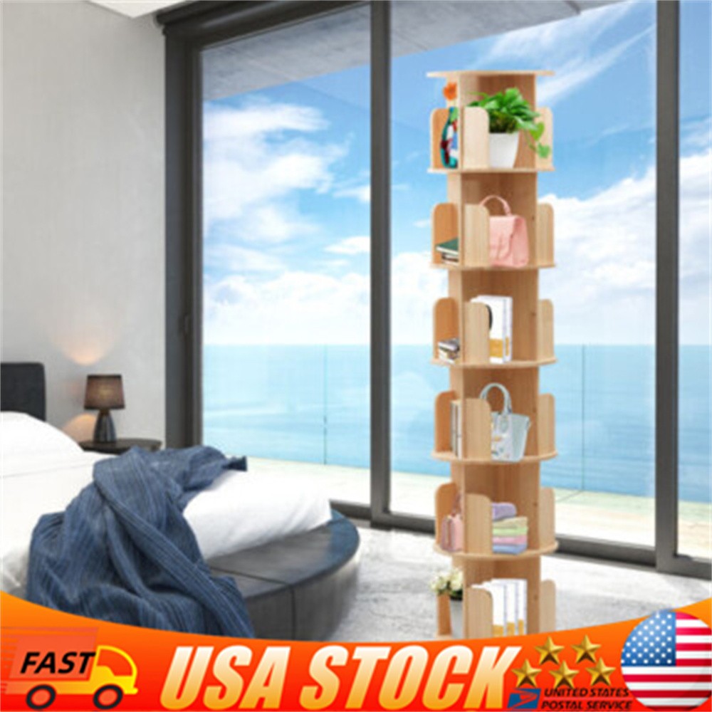 6 Tier Rotating Bookshelf 360 Display Book Shelf Tower Solid Wood Bookcase Shelf gallery