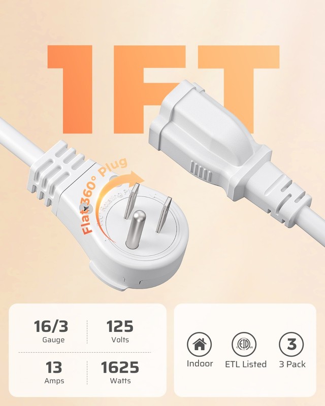 DEWENWILS 360° Rotating Flat Plug Extension Cord 1FT, 125V/13A/1625W, 3 Pack gallery