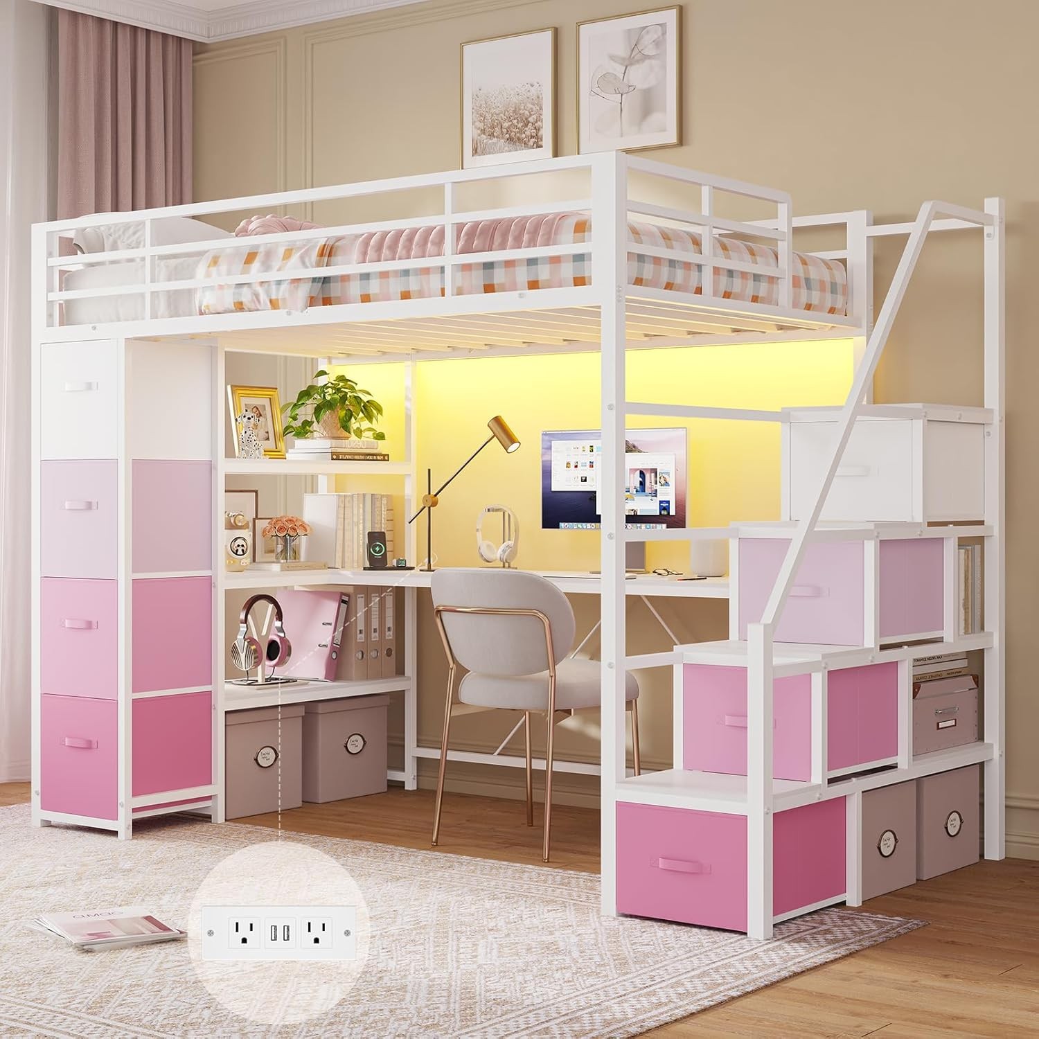 Loft Bed Twin Size with Storage Stairs,Desk and Power Strips,Metal Twin Loft Bed gallery