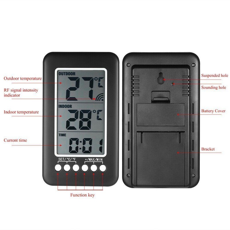 Digital Thermometer Clock Temperature Indoor/Outdoor Wireless Transmitter Meter gallery